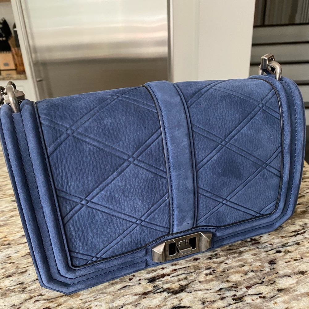 Blue velvet/suede cross body bag, on chain, 9.75" W X 6" H X 3" D